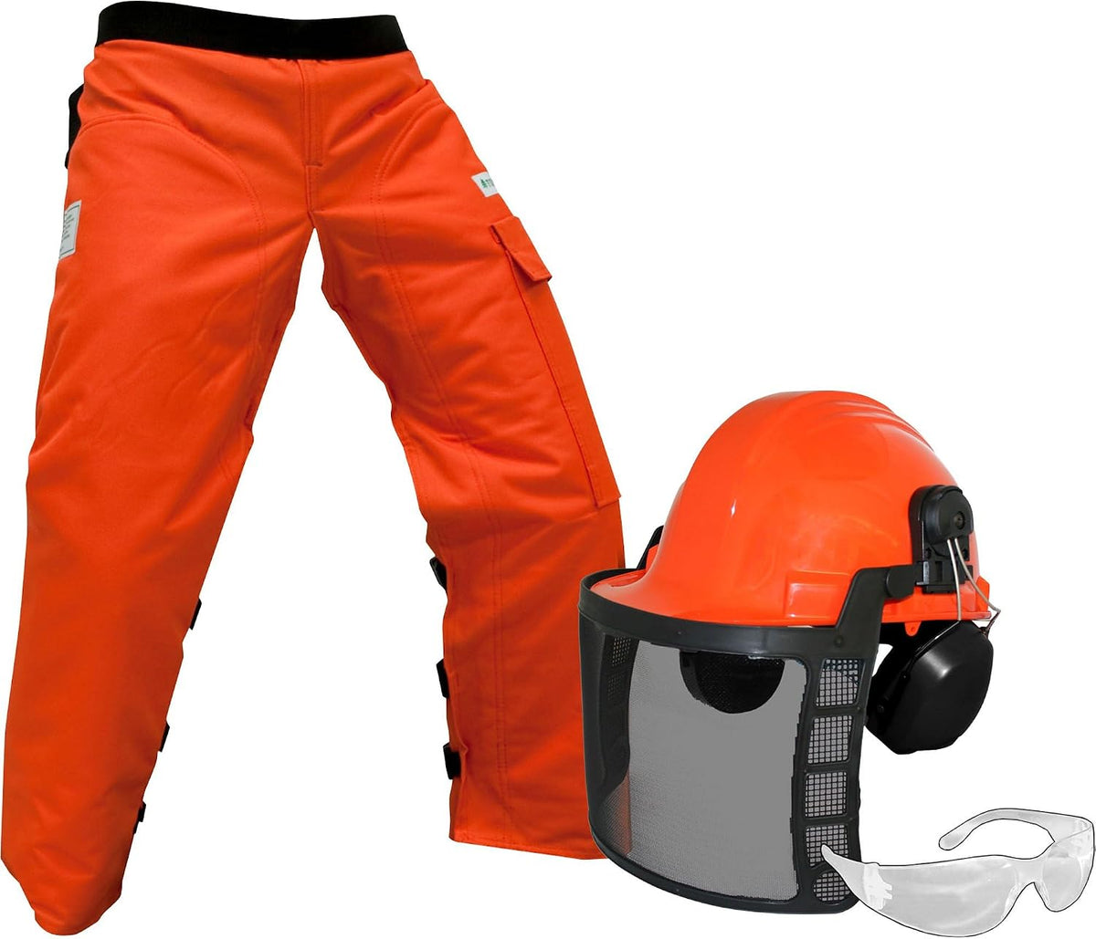 Forester Protective Clothing - OEM Forestry Cutter Combo Kit Apron Chaps Helmet Face Shield Ear Muffs Safety Glasses Arborist Equipment Chainsaw Pants Logging Tools Helmet Accessories Orange