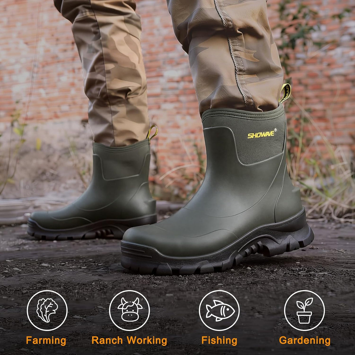 Showave Men's Short Rain Boots Waterproof Rubber Mud Booties Garden Shoe
