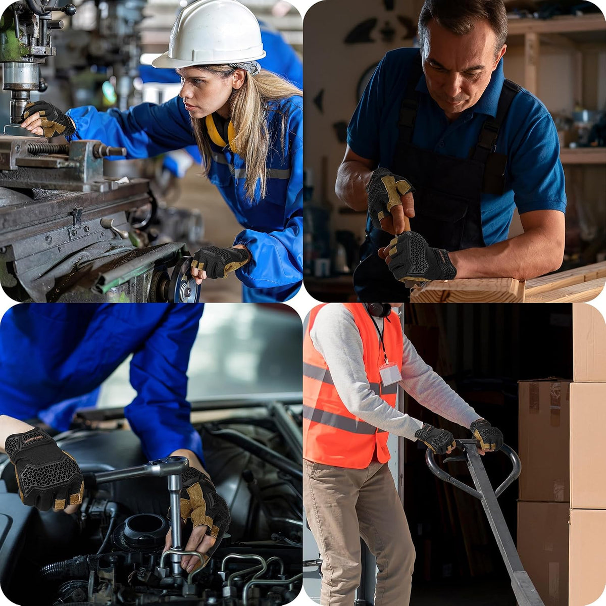 HANDLANDY Fingerless Work Gloves for Mens & Women, Uwrist Half Finger Shock-Absorbing Breathable Glove
