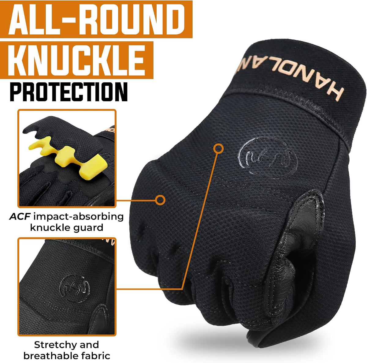HANDLANDY Tactical Leather Gloves for Men, Cowhide Palm with Knuckle Guard