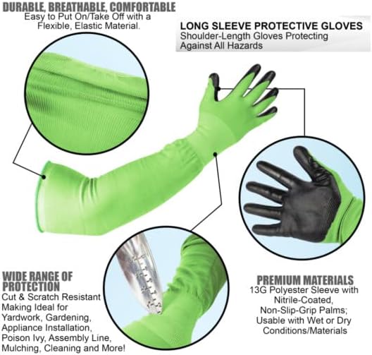 Long Sleeve Gardening Gloves Nitrile-Coated No Slip Grip Cut Proof