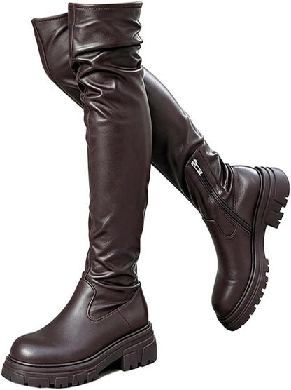 Women Thigh High Boots Platform Lug Sole Chunky Heels Stretchy Over The Knee Boot