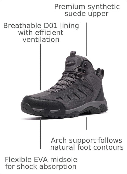 SHULOOK Men's Waterproof Hiking Boots Non-Slip Lightweight Mid Top Ankle Boot Breathable Hiker Trekking Shoes