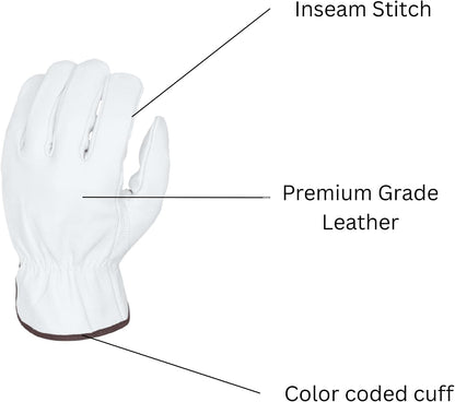 GUS 12 Pair Men's Goatskin Work Gloves, A Grade Durable Leather Work Gloves, Guantes de Trabajo Para Hombre