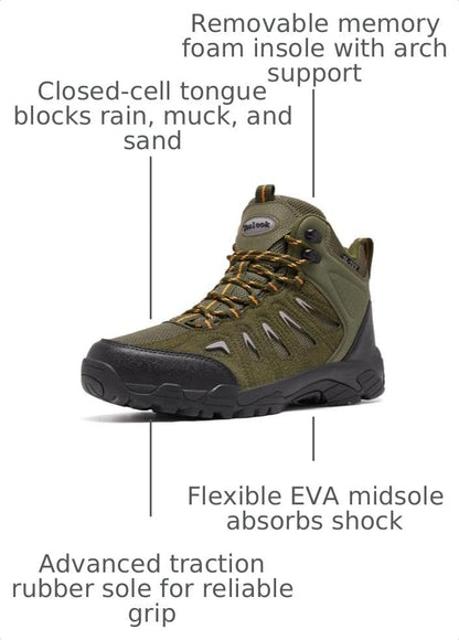 SHULOOK Men's Waterproof Hiking Boots Non-Slip Lightweight Mid Top Ankle Boot Breathable Hiker Trekking Shoes