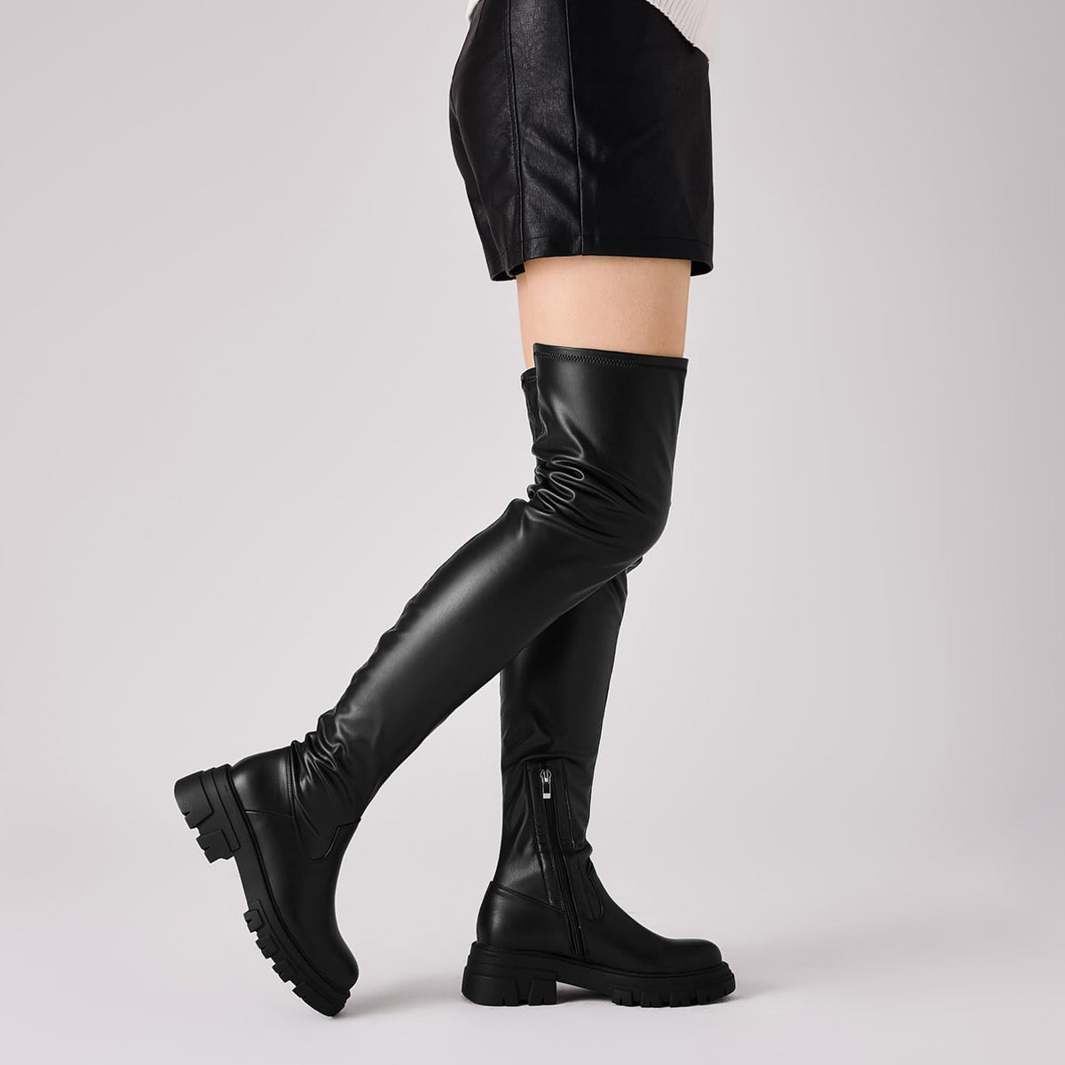 Women Thigh High Boots Platform Lug Sole Chunky Heels Stretchy Over The Knee Boot