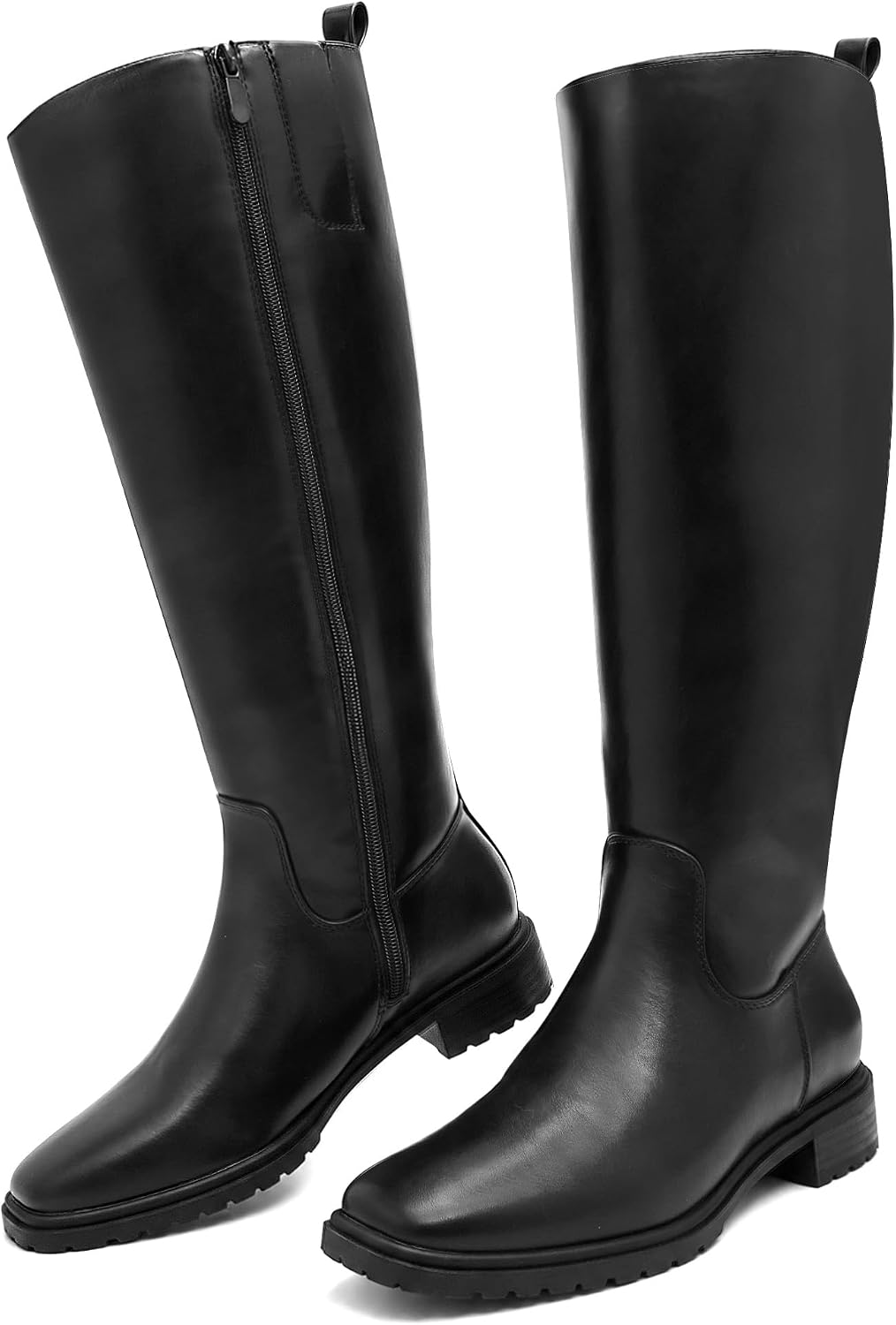 Ankis Women's Knee High Boots Square Toe 1.18in Low Block Heel Side Zipper