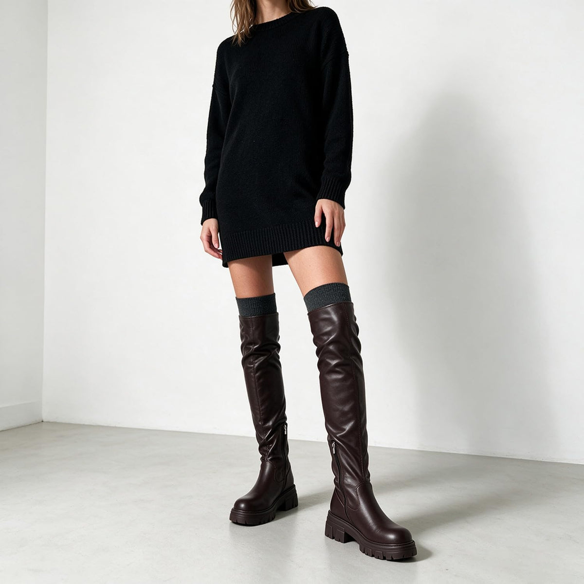 Women Thigh High Boots Platform Lug Sole Chunky Heels Stretchy Over The Knee Boot