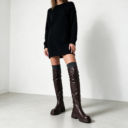 Women Thigh High Boots Platform Lug Sole Chunky Heels Stretchy Over The Knee Boot