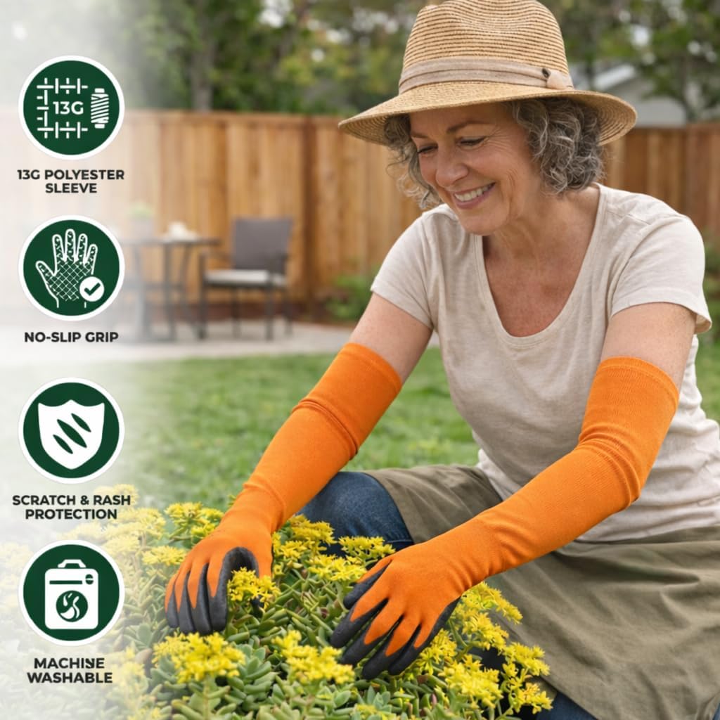 Long Sleeve Gardening Gloves Nitrile-Coated No Slip Grip Cut Proof