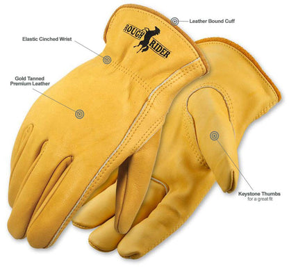 Galeton 25001PR-XL, Rough Rider Premium Leather Driver Gloves With Elastic Back, X-Large, Gold (Pack of 1)