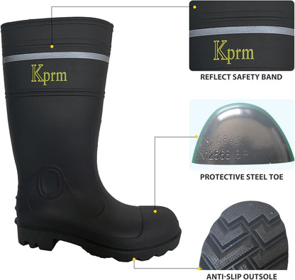 Mens Steel Toe Rain Boots Waterproof Non-Slip Rubber Work Boot Outdoor