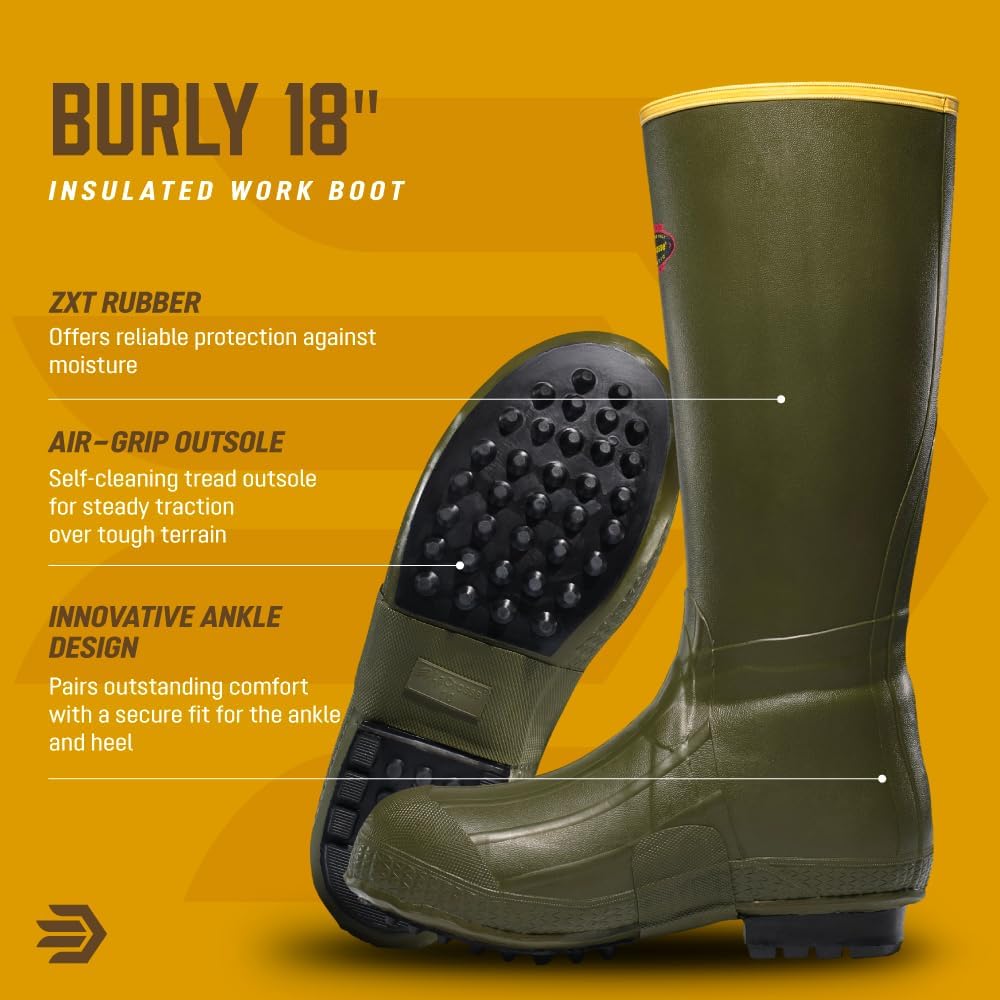 LaCrosse Burly Air Grip 18" Men's Rain Boots, Waterproof Rubber Boots