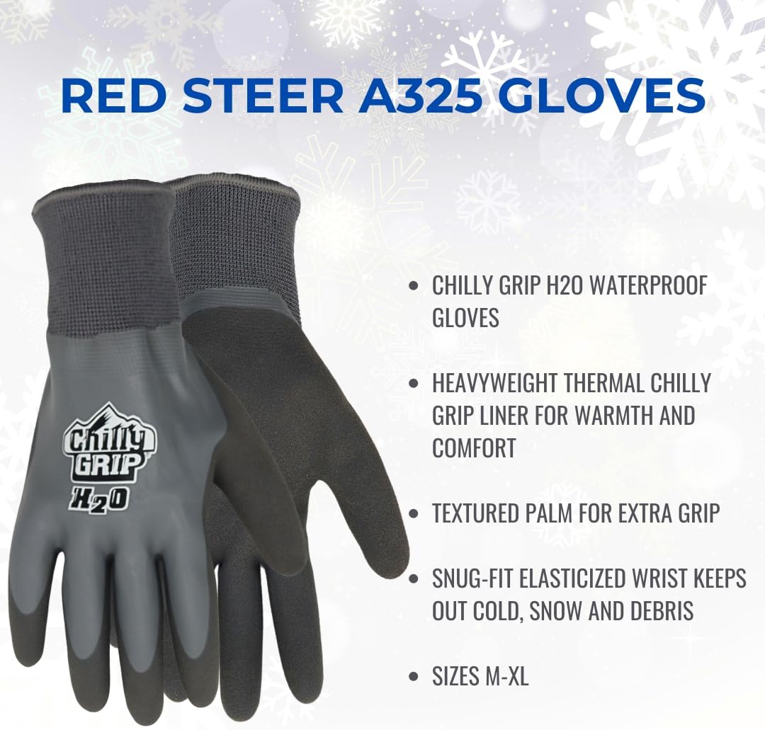 Red Steer A325 H2O Waterproof Thermal Insulated Gloves, Gray, Snug-Fit Wrist, Textured Palm, Sizes M-XL