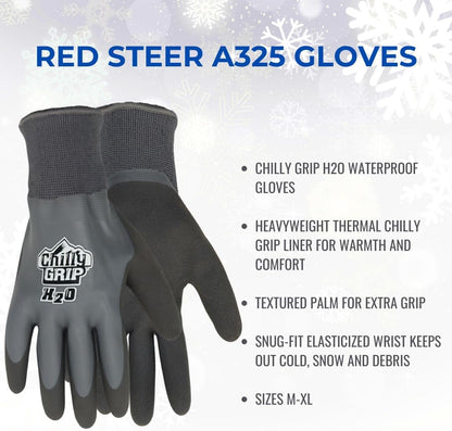 Red Steer A325 H2O Waterproof Thermal Insulated Gloves, Gray, Snug-Fit Wrist, Textured Palm, Sizes M-XL