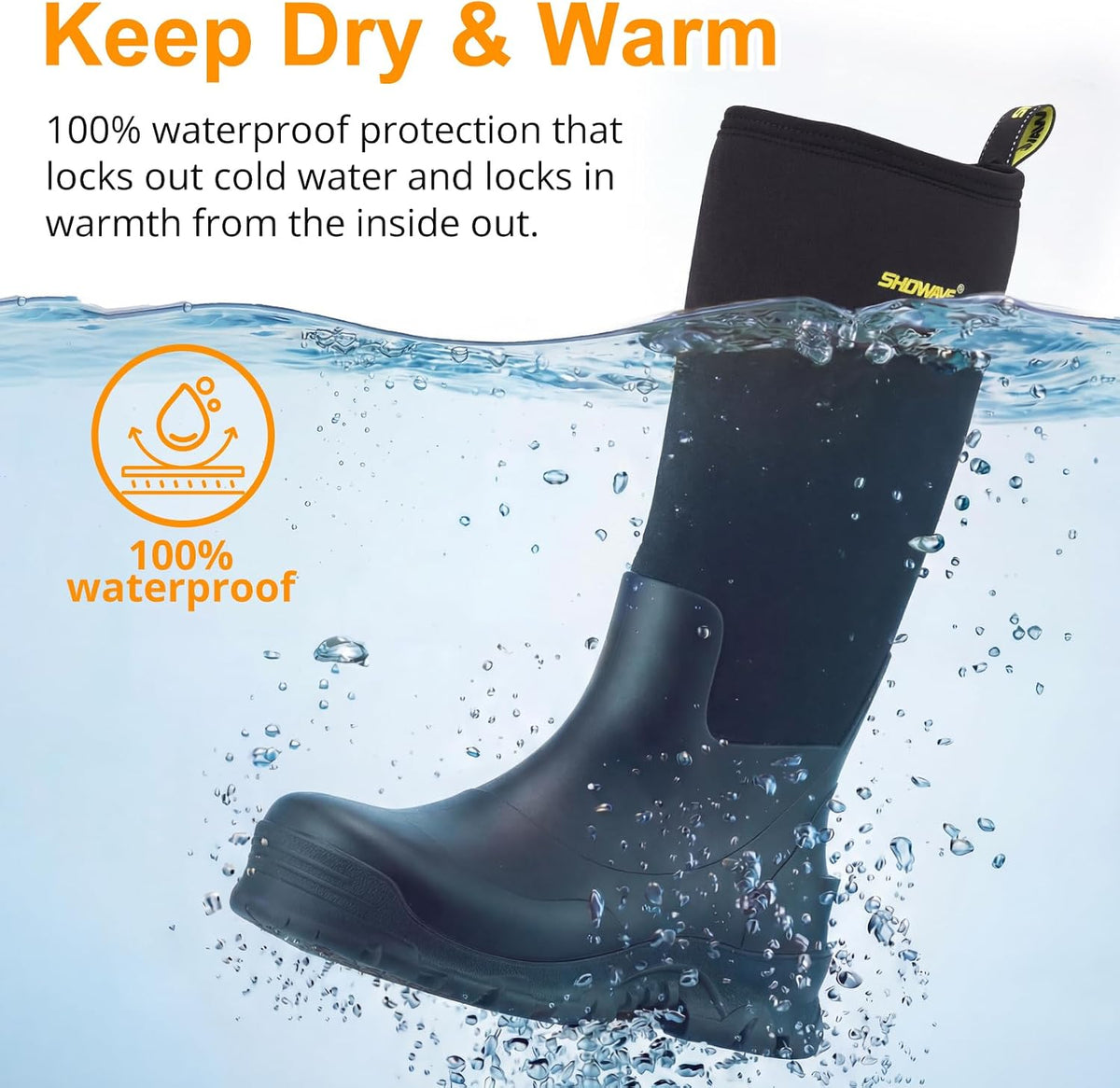 Showave Men's Rubber Boots Knee High Waterproof Insulated Rain Boots
