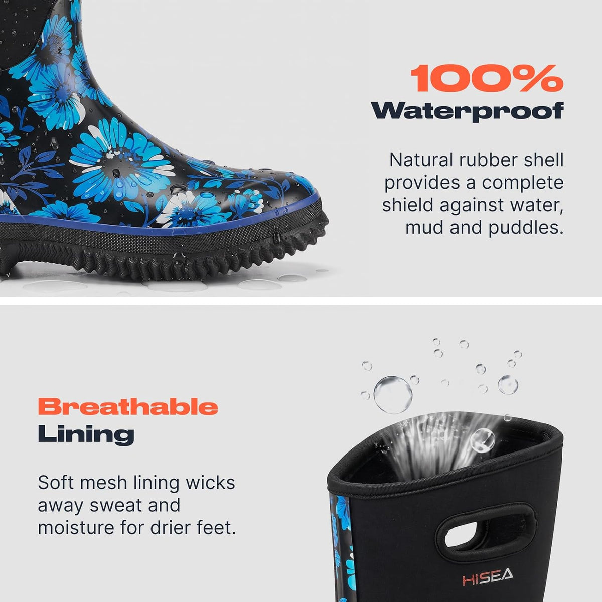 HISEA Women's Mud Rain Boots, Waterproof Insulated Rubber Garden Shoes
