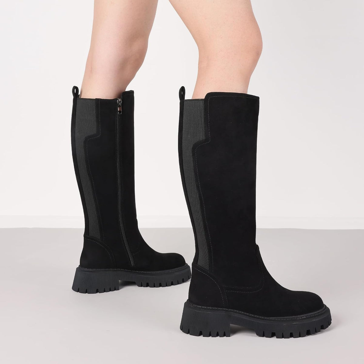 CELNEPHO Women Wide Calf Knee High Riding Boots Low Heel Platform Boots