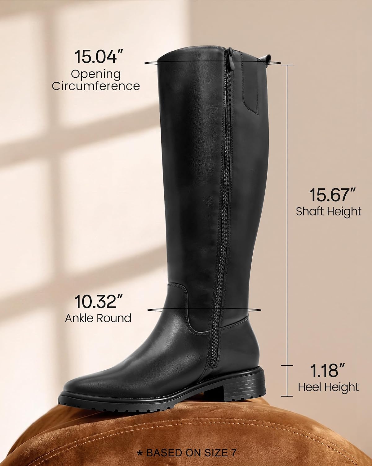 Ankis Women's Knee High Boots Square Toe 1.18in Low Block Heel Side Zipper