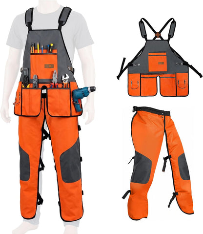 2-in-1 Chainsaw Protective Chaps and Apron Combo, Heavy Duty 900D Oxford Woodworking Tool Apron with 10 Pockets, Adjustable Safety Logger Chaps for Carpenter, Arborist, Gardening