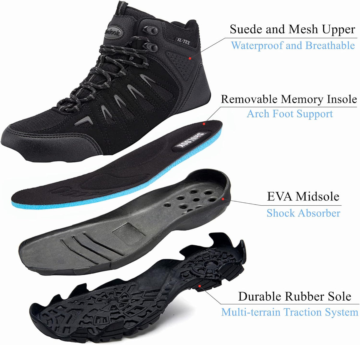SHULOOK Men's Waterproof Hiking Boots Non-Slip Lightweight Mid Top Ankle Boot Breathable Hiker Trekking Shoes