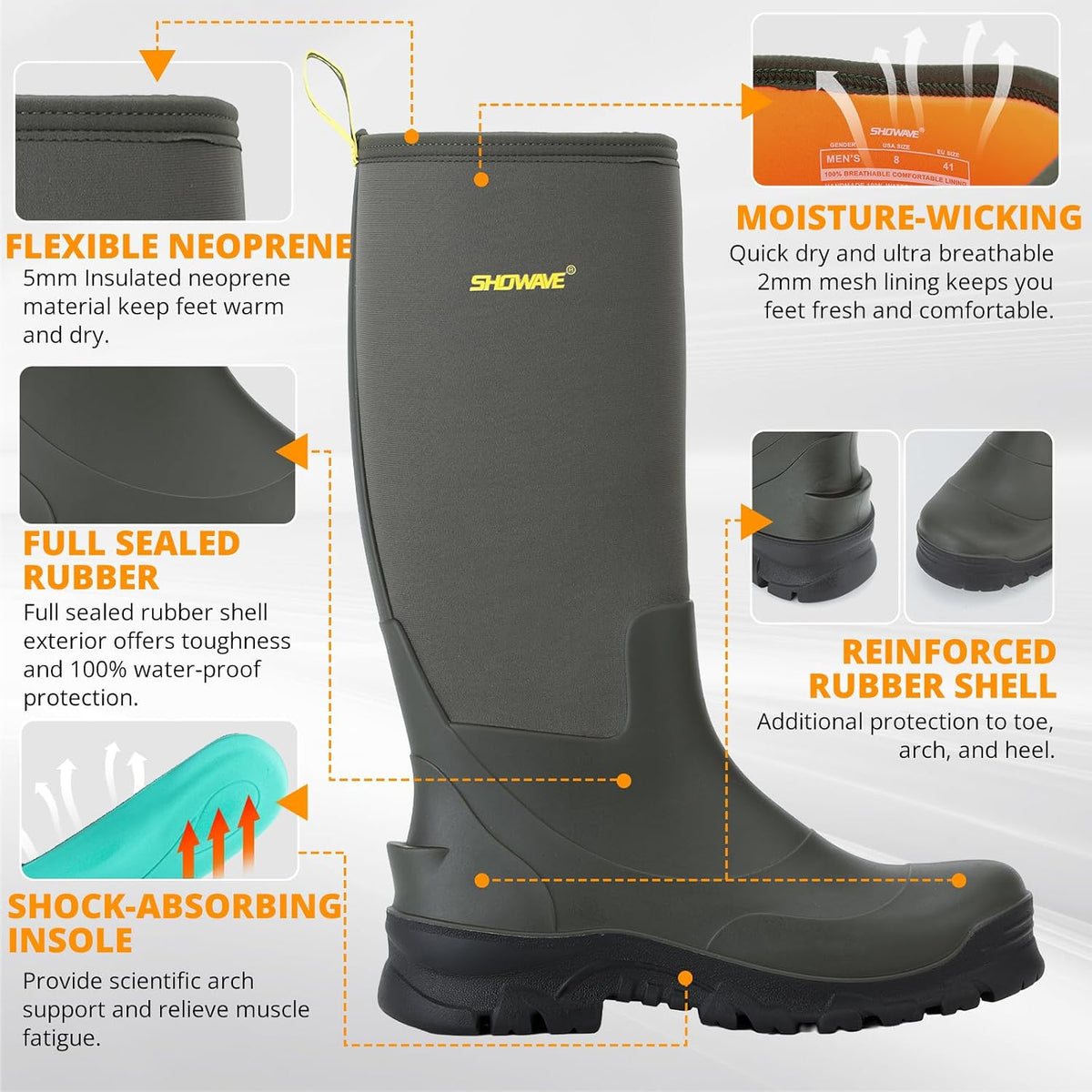 Showave Men's Rubber Boots Knee High Waterproof Insulated Rain Boots