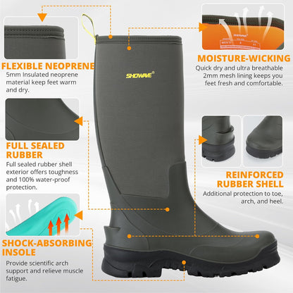 Showave Men's Rubber Boots Knee High Waterproof Insulated Rain Boots