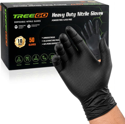 TREEGO 10 Mil Heavy Duty Black Nitrile Mechanic Gloves, 50 Count XL