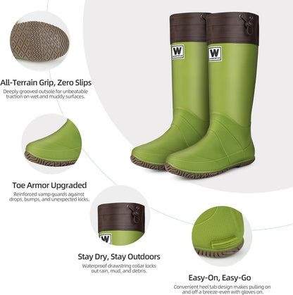 Women’s Waterproof Mid-Calf Rain Boots – Lightweight Foldable Rubber Boots with Adjustable Cuff & Anti-Slip Sole for Gardening and Outdoor Work