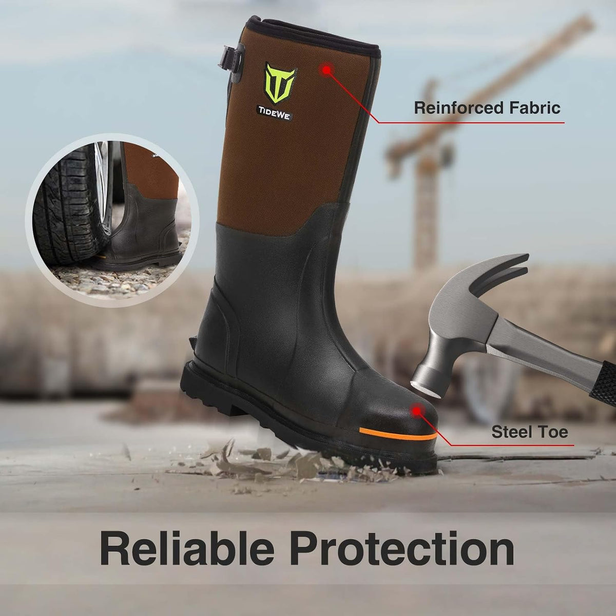 TIDEWE Rubber Work Boots for Men, Steel Toe & Shank, Waterproof Anti Slip