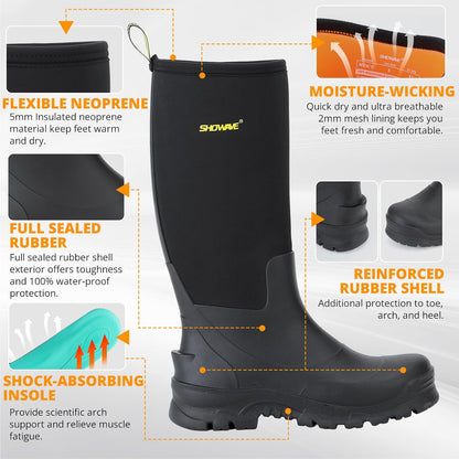 Showave Men's Rubber Boots Knee High Waterproof Insulated Rain Boots