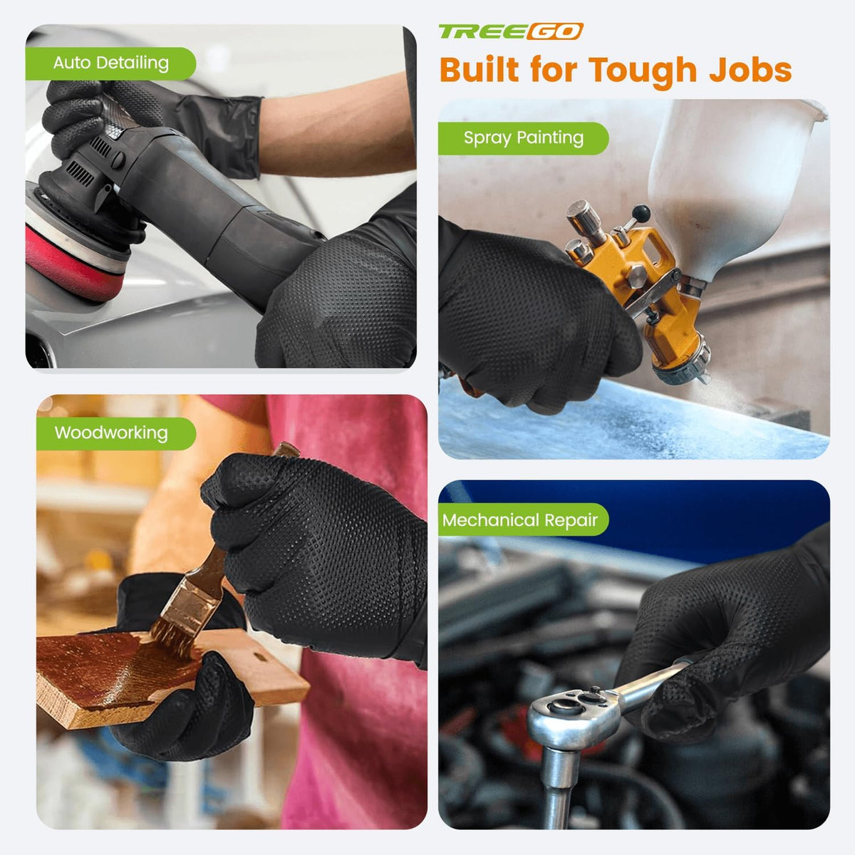 TREEGO 10 Mil Heavy Duty Black Nitrile Mechanic Gloves, 50 Count XL
