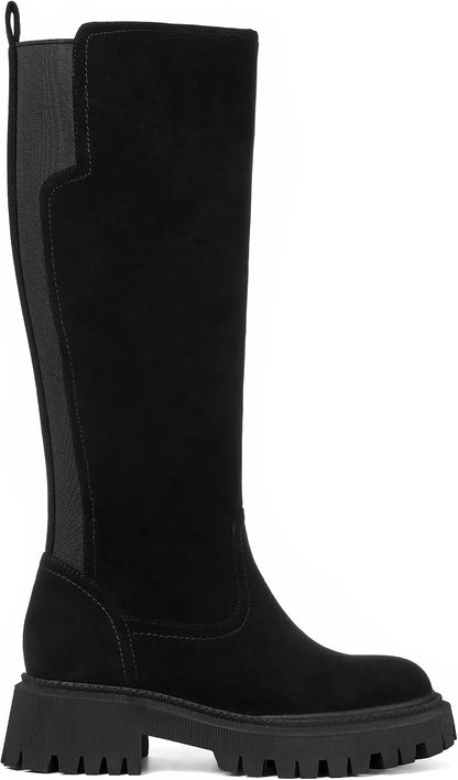 CELNEPHO Women Wide Calf Knee High Riding Boots Low Heel Platform Boots