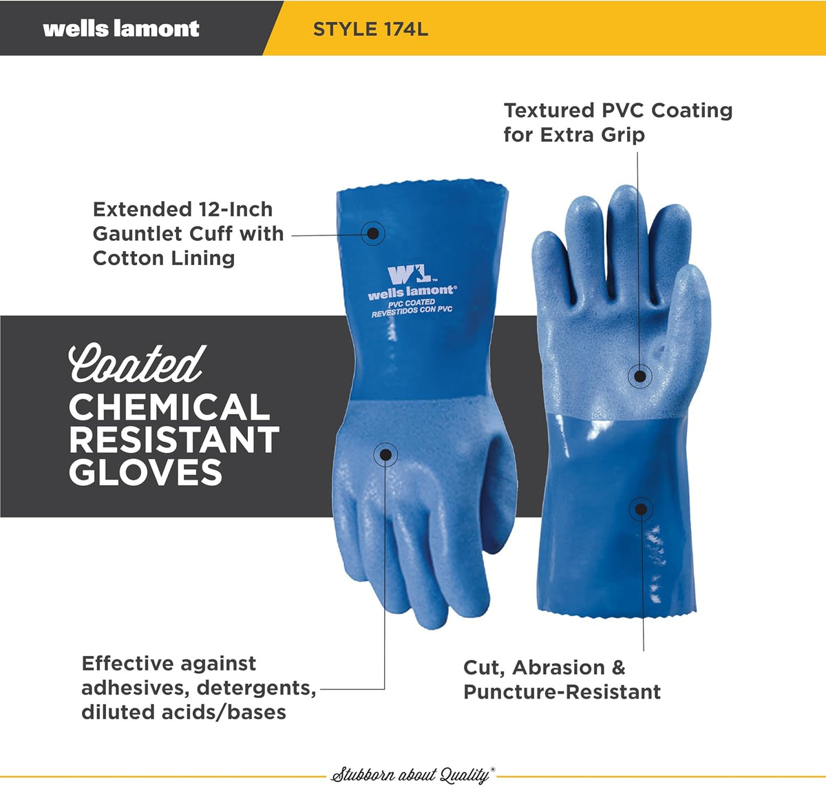Wells Lamont PVC Chemical Resistant Gloves, Textured Grip, Gauntlet Cuff