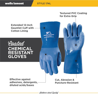 Wells Lamont PVC Chemical Resistant Gloves, Textured Grip, Gauntlet Cuff