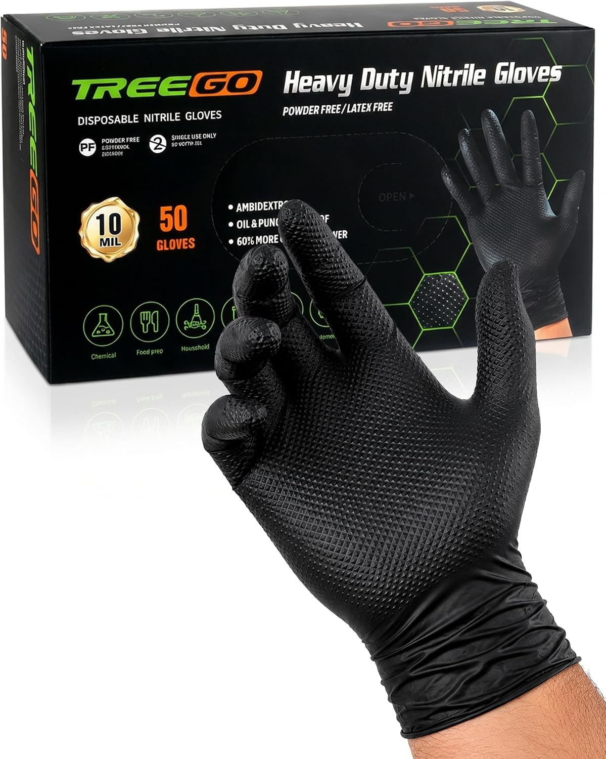 TREEGO 10 Mil Heavy Duty Black Nitrile Mechanic Gloves, 50 Count XL