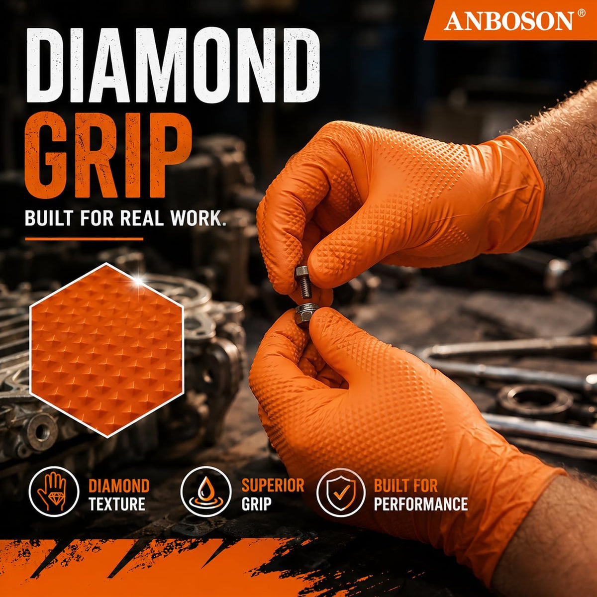 ANBOSON 10 Mil Heavy Duty Diamond Texture Nitrile Gloves, X-Large, 100 Ct