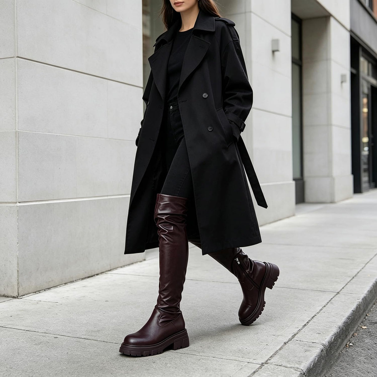 Women Thigh High Boots Platform Lug Sole Chunky Heels Stretchy Over The Knee Boot