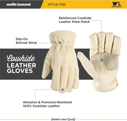 Wells Lamont Men's Work Gloves, Cowhide Leather, Reinforced Palm, Large