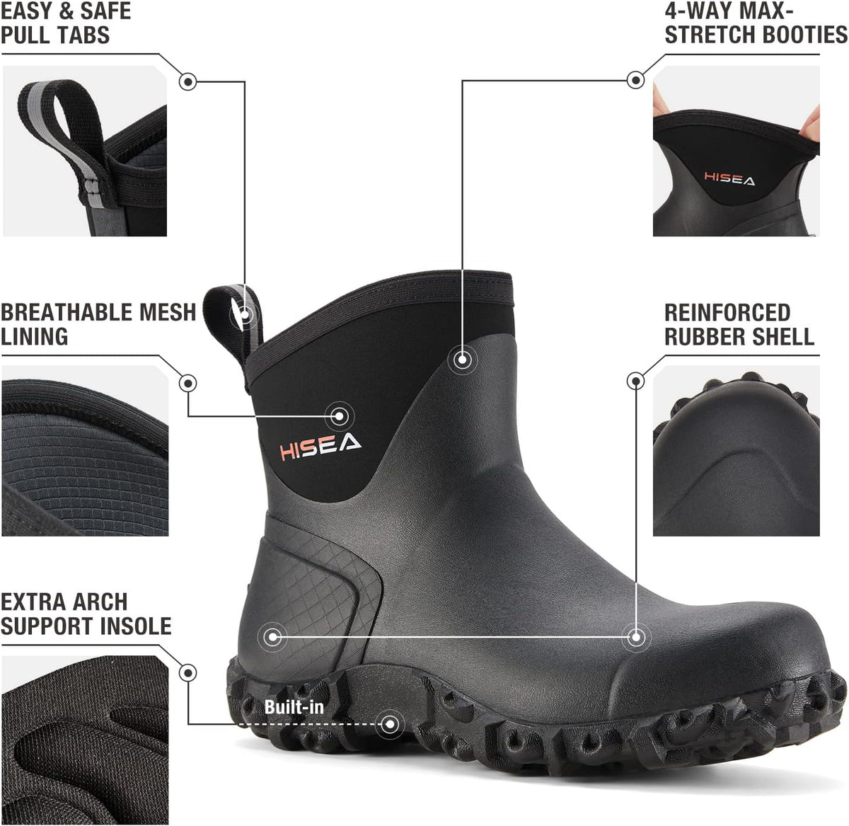HISEA Men's Rubber Rain Boots Waterproof Ankle Neoprene Garden Shoes