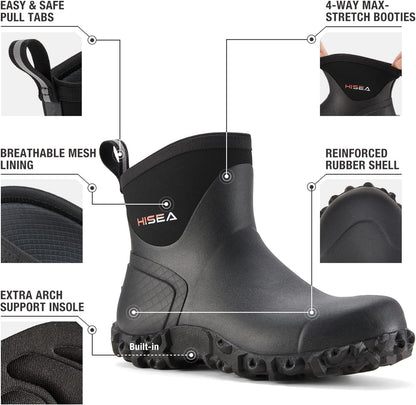 HISEA Men's Rubber Rain Boots Waterproof Ankle Neoprene Garden Shoes