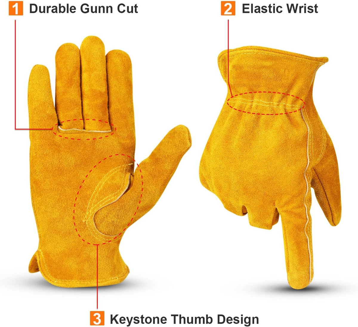OZERO Leather Work Gloves Flex Grip Tough Cowhide Gardening Glove for Wood Cutting/Construction/Driving/Garden for Men and Women 1 Pair (Gold,Large)