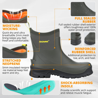 Showave Men's Short Rain Boots Waterproof Rubber Mud Booties Garden Shoe