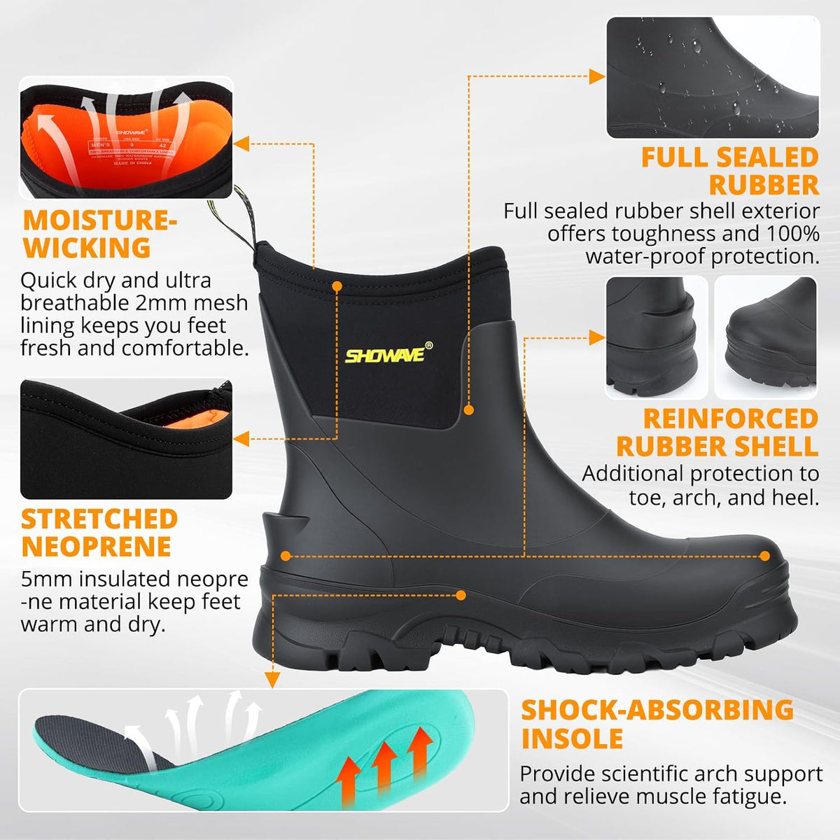 Showave Men's Short Rain Boots Waterproof Rubber Mud Booties Garden Shoe
