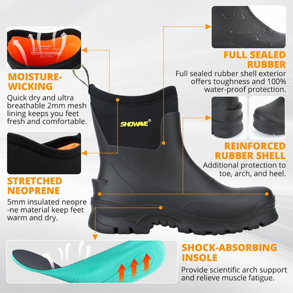 Showave Men's Short Rain Boots Waterproof Rubber Mud Booties Garden Shoe
