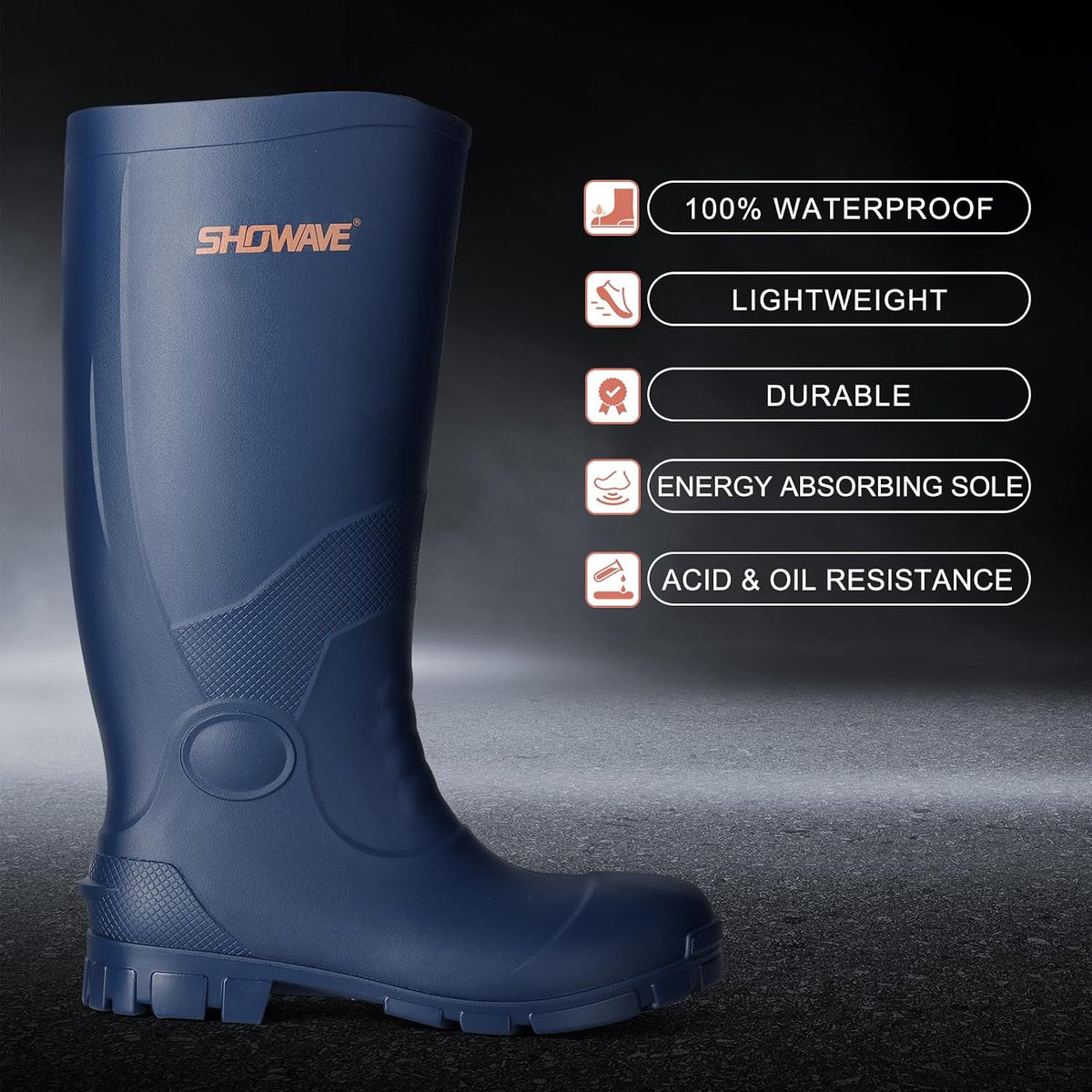 Showave Men's Rain Boots with Steel Shank Waterproof Rubber Boots