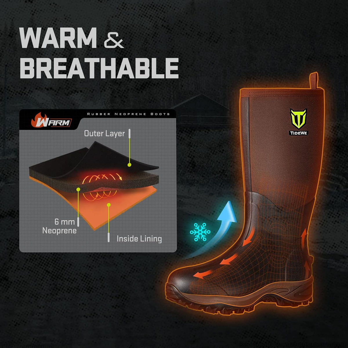 TIDEWE Rubber Neoprene Boots for Men and Women, Waterproof Rain Boot