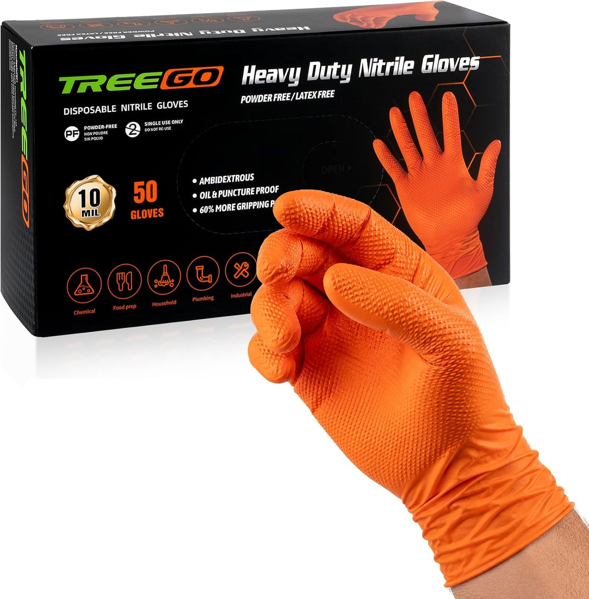 TREEGO 10 Mil Heavy Duty Black Nitrile Mechanic Gloves, 50 Count XL