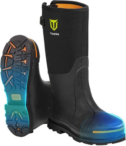 TIDEWE Rubber Work Boots for Men, Steel Toe & Shank, Waterproof Anti Slip