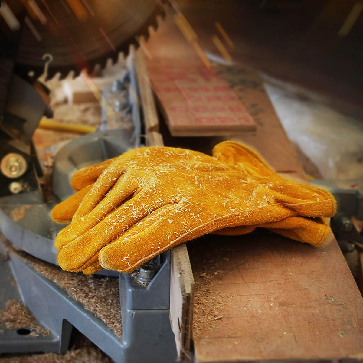 OZERO Leather Work Gloves Flex Grip Tough Cowhide Gardening Glove for Wood Cutting/Construction/Driving/Garden for Men and Women 1 Pair (Gold,Large)